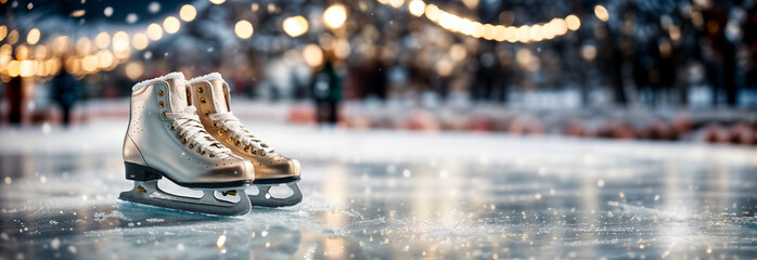 Ice skates on the ice rink, banner for ice rinks and winter events, website header, background with copy space, winter concept of leisure and activities during winter holidays