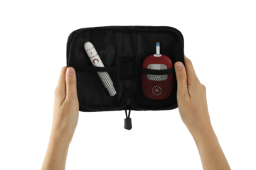 PNG, Medical equipment for diabetics in case and hands, isolated on white background