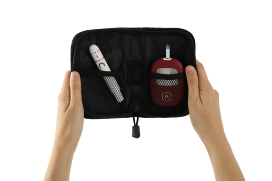 PNG, Medical equipment for diabetics in case and hands, isolated on white background