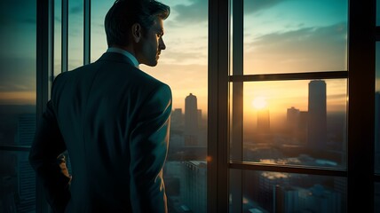 Erfolgreicher Business Mann schaut aus dem Fenster - obrazy, fototapety, plakaty