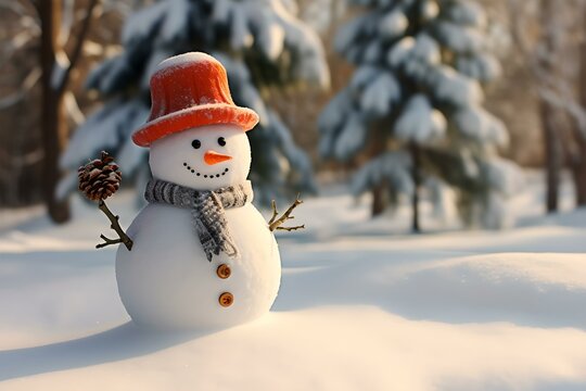 Lustiger Schneemann mit buntem Schal im Schneegestöber