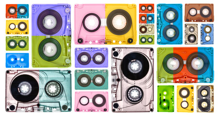 Colorful cassette tapes collage in knolling pattern, view from above