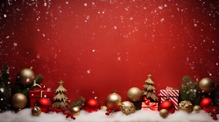 Christmas background with vibrant, festive red elements and decorations such as snowflakes, baubles, stars, and candy canes, creating a cheerful holiday atmosphere. Snow and gingerbread house.