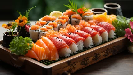 Foto op Canvas Colorful fresh sushi, traditional Japanese food, assorted hand rolls and sashimi, sumptuous sushi sets, vibrant ingredients and decor, upscale Japanese restaurant atmosphere Generative AI © landstar