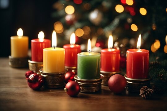 christmas candles and decorations, Christmas candles decoration, Different colors christmas candles decaration, christmas wish background image | AI-GENERATED