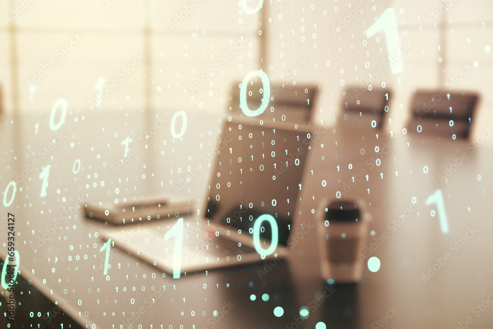 Fototapete creative abstract binary code sketch on modern laptop background, hacking and matrix concept. multie