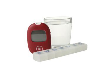 PNG, Medical equipment for diabetics, pills and glass of water, isolated on white background