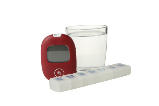 PNG, Medical equipment for diabetics, pills and glass of water, isolated on white background