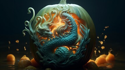 A pumpkin transformed into a spectral mermaid, her tail curling around the pumpkin's surface. 