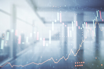 Multi exposure of virtual creative financial graph and world map on empty corporate office background, forex and investment concept
