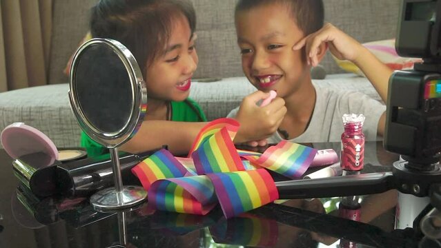 LGBTG+ concept. Boys and girls, two brothers and sisters are making up happily.