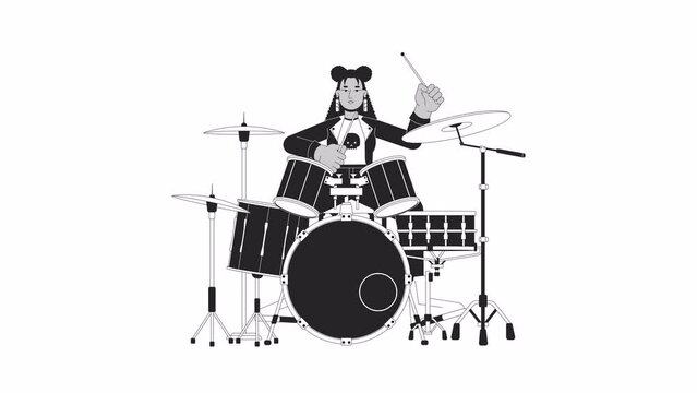 Female drummer rocker bw outline cartoon animation. Rocker rockstar 4K video motion graphic. Hispanic woman in punk rock clothes 2D monochrome linear animated character isolated on white background