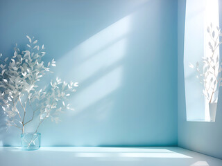Gentle window light and shadow reflection on a blue background wall and a small tree for product presentation.