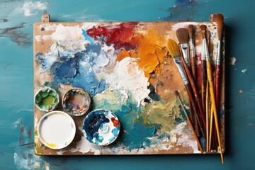 Colorful paint palette on a artist table, creative hobby banner background with paint and brushes
