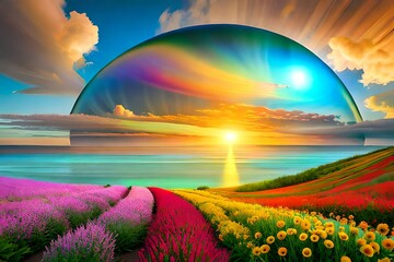 landscape with rainbow and sun generated by AI technology