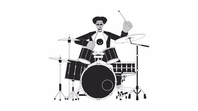 Drummer rock and roll bw outline cartoon animation. Rockstar male beats drumming 4K video motion graphic. Hispanic man in punk rock 2D monochrome linear animated character isolated on white background