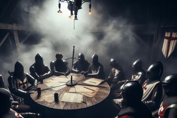 medieval knights sitting around a round table. King Arthur and the knights of the round table - obrazy, fototapety, plakaty