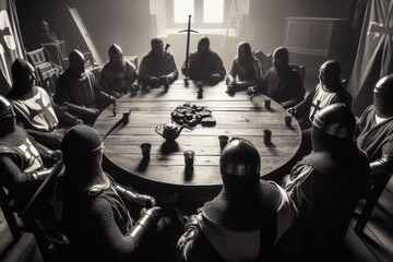 medieval knights sitting around a round table. King Arthur and the knights of the round table - obrazy, fototapety, plakaty