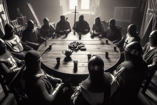 medieval knights sitting around a round table. King Arthur and the knights of the round table