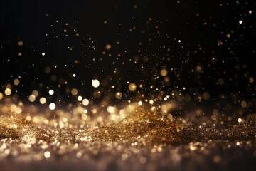 Fototapeta na wymiar Abstract gold shiny Christmas background with bokeh. Holiday bright golden dust. Blurred backdrop with particles.