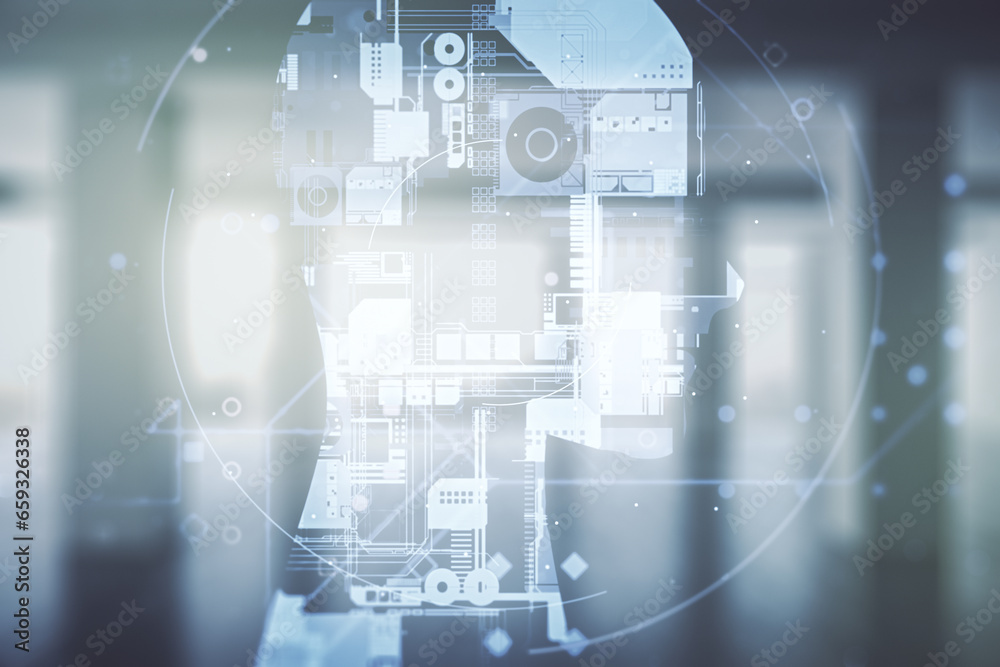 Poster double exposure of creative artificial intelligence hologram on empty modern office background. neur