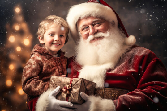 Little boy holding gift from Santa Claus near Christmas tree outdoor