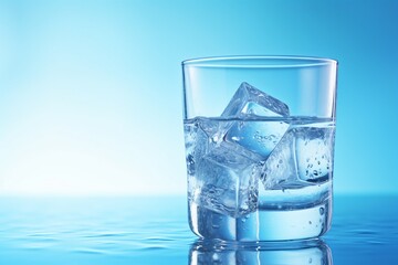 Refreshing Serenity: Close-Up of a Glass of Pure Cool Water on a Textured Light Blue Background with Beautiful Light and Highlights