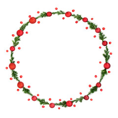 Christmas fir winter wreath with red bauble and holly berry decorations on white. Festive minimal nature design for greeting card, logo, menu, invitation, Yule, Noel.