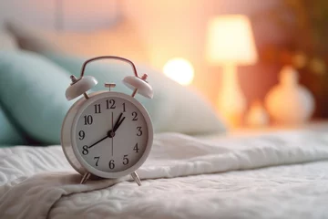 Deurstickers white alarm clock on bedside table in bedroom, woman sleeping on bed in background. AI Generated © dark_blade