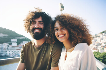 Young Beautiful couple laughs happily and walks through the streets of Rio