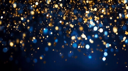 Fototapeta na wymiar Abstract blue and gold shiny Christmas background with bokeh. Holiday bright blurred backdrop with particles.