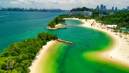 Rollo Sentosa Beach, Singapore. Aerial view of beach and coastline on a sunny day © jovannig