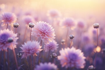 Atmospheric Floral Symphony: Beautiful Blurry Image of Lavender and Dahlia Flowers in Nature with Soft Focus and Ethereal Volumetric Lighting