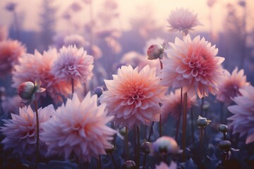 Atmospheric Floral Symphony: Beautiful Blurry Image of Lavender and Dahlia Flowers in Nature with Soft Focus and Ethereal Volumetric Lighting