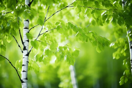 Spring's Awakening: Beautiful Background Image of Young Birch Trees with Fresh Green Foliage in Close-Up