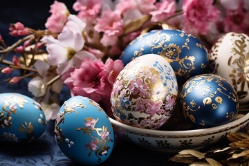 Fototapeta na wymiar Easter Splendor: A Beautiful and Colorful Composition Featuring Richly Decorated Easter Eggs and Flowers in Luxurious Blue, Pink, and Gold Hues