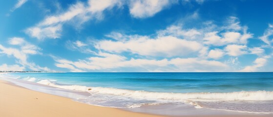 Fototapeta premium Summer Bliss: Beautiful Natural Panoramic Seascape Featuring a Golden Sandy Beach, Turquoise Sea, and Blue Sky with Clouds on a Bright Sunny Day