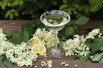 Glass of champagne with elderflower liqueur. Decorated with white elder flowers in natural...