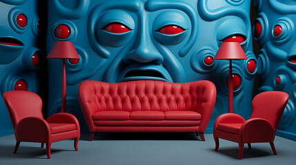Whimsical living room furniture creating a trendy and imaginative space, pop-art inspired interior with vibrant blue and red colors and surreal face emerging from the wall