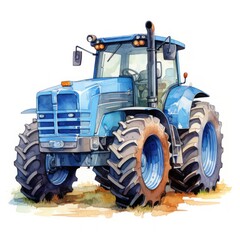 Blue tractor isolated on white background watercolor style