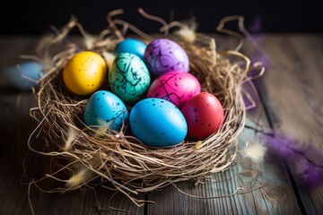 Fototapeta na wymiar Colorful Easter Eggs in Nest on Sunny Wooden Floor