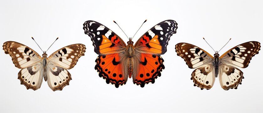 Set of Three Spotted Multicolored Butterflies: Painted Lady, Vanessa Kershawi