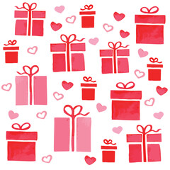 Pattern - Pink and red Gift boxes for Valentine's Day and lot of hearts in flat style on white background. Symbol of love. Vector illustration.