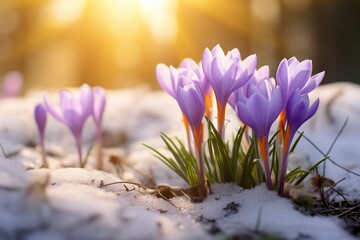 Purple Crocuses Blooming in Sunlight on Snowy Spring Landscape