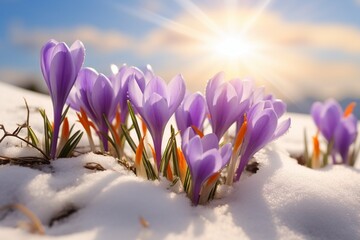 Obraz na płótnie Canvas Purple Crocuses Blooming in Sunlight on Snowy Spring Landscape