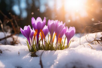 Purple Crocuses Blooming in Sunlight on Snowy Spring Landscape