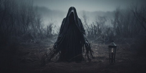 Grim Reaper Standing on a Road at Dusk: A spine-tingling image of death in a black hooded cloak, creating a haunting and scary atmosphere ideal for Halloween. - obrazy, fototapety, plakaty