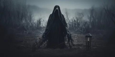 Rolgordijnen Grim Reaper Standing on a Road at Dusk: A spine-tingling image of death in a black hooded cloak, creating a haunting and scary atmosphere ideal for Halloween. © Tomasz