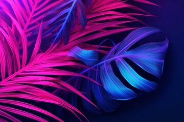 Tropical Leaves in Neon Pink and Blue Lighting: Minimalistic Concept Art