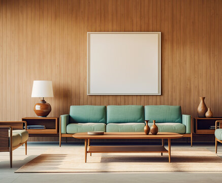 Turquoise fabric sofa and wall mounted cabinets against wood lining wall with blank mock up poster frame. Mid-century, vintage, retro style home interior design of modern living room.